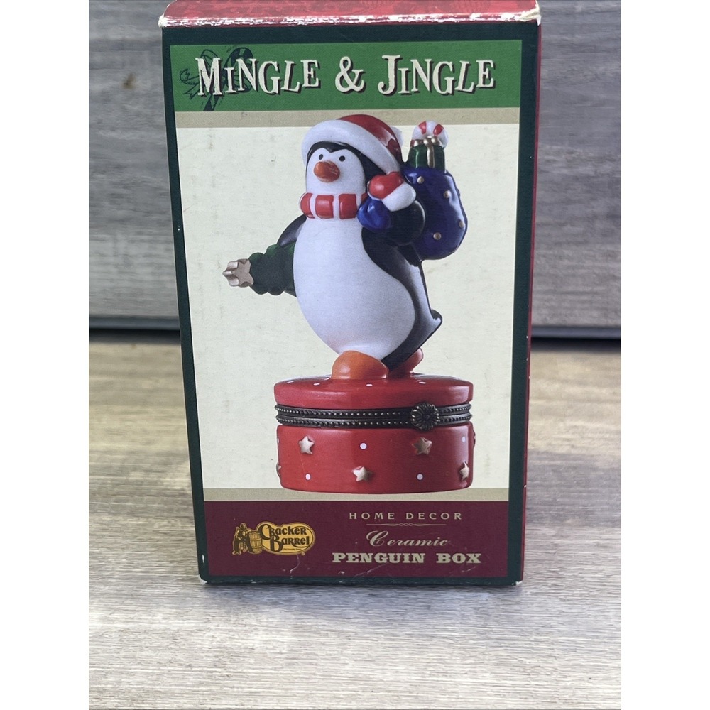 Mingle & Jingle Penguin Trinket Box Christmas Decor Box Crackle Barrel Vintage